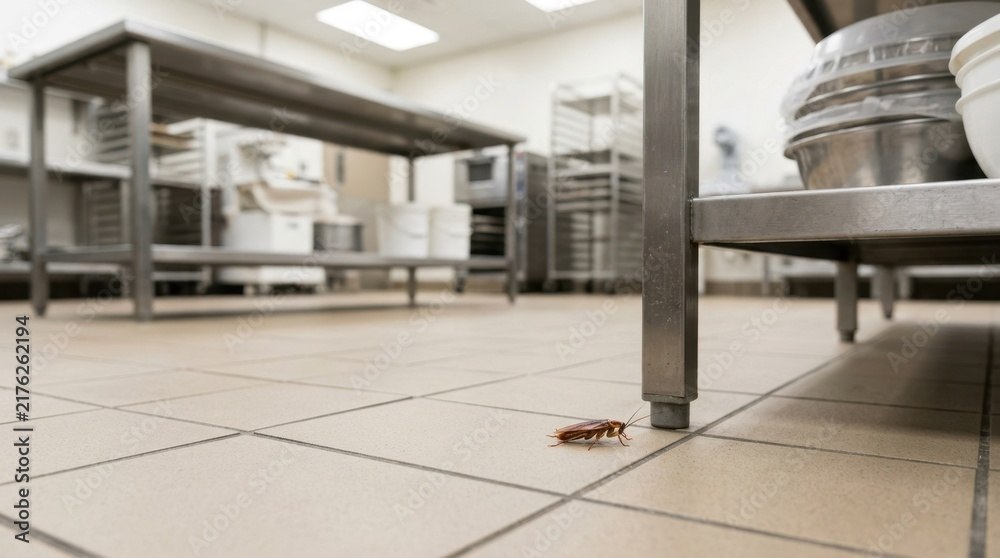Cockroach on the tile floor of a commercial kitchen