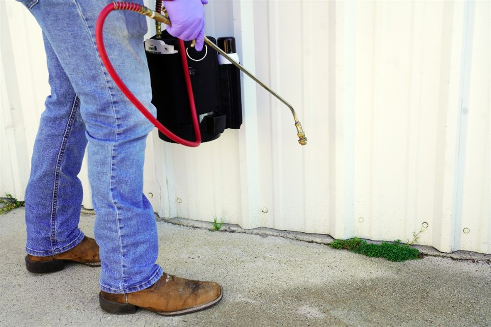 Technician spraying along the base of a metal building