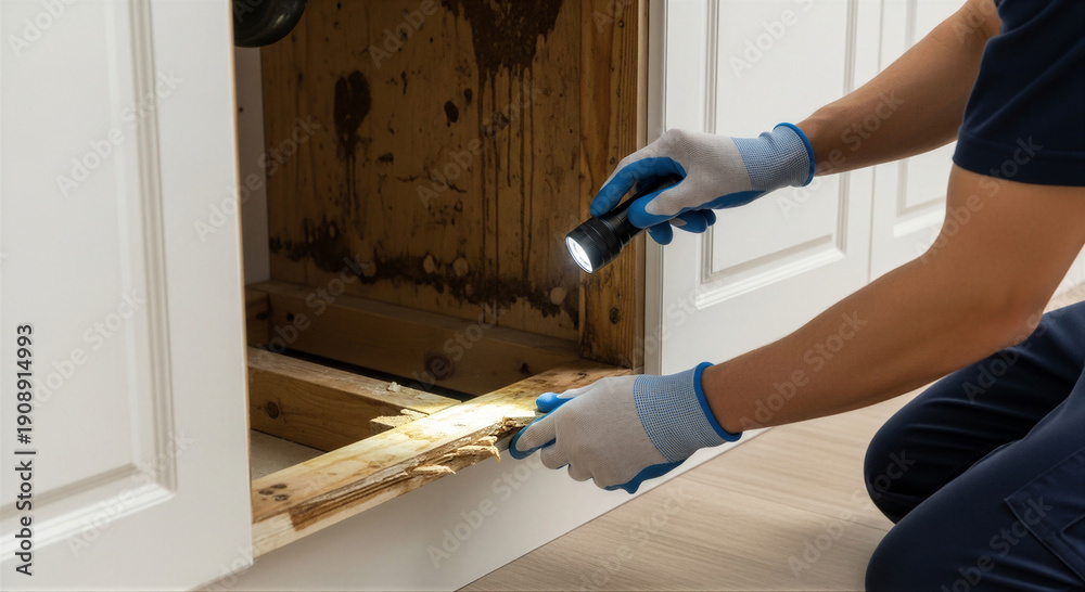 Technician inspecting termite-damaged wood under a kitchen sink