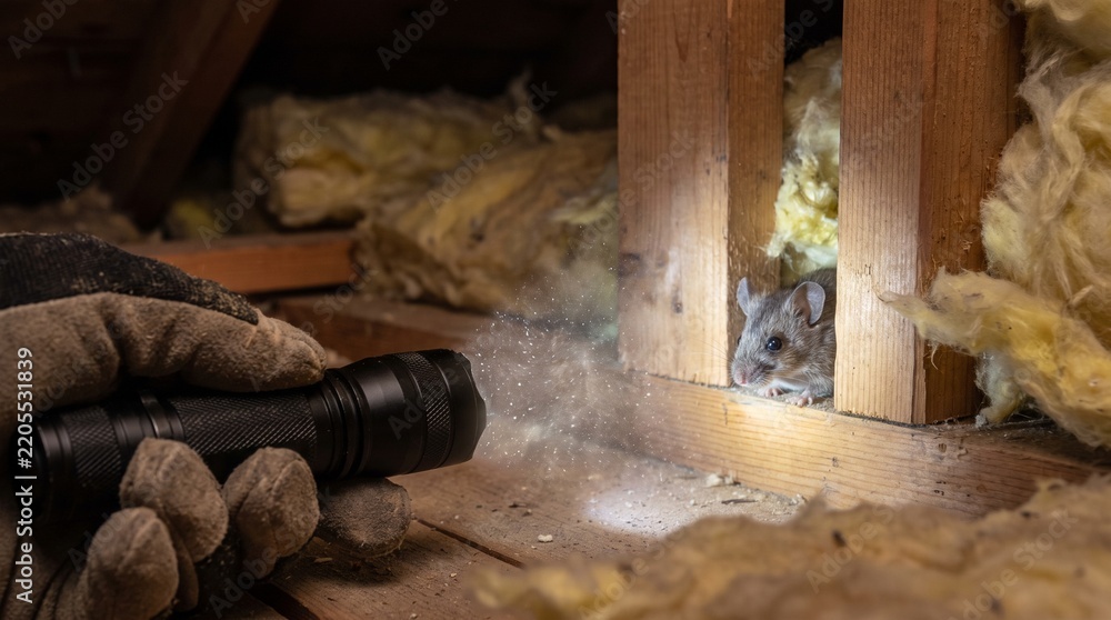 Gloved hand shining a flashlight on a rodent in attic insulation